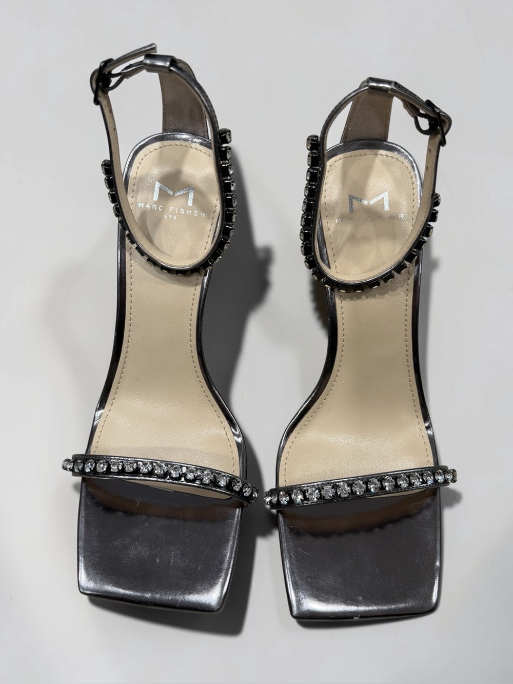 Marc Fisher Metallic Pewter Gem-Embellished Ankle-Strap Sandal - Picture 10 of 15
